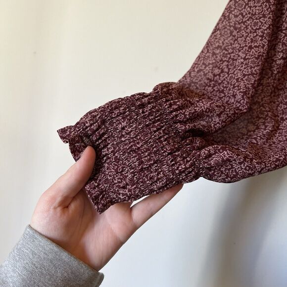 Madewell Women's M Burgundy Floral Lucie Bubble Sleeve Smocked Top Blouse - Picture 3 of 5